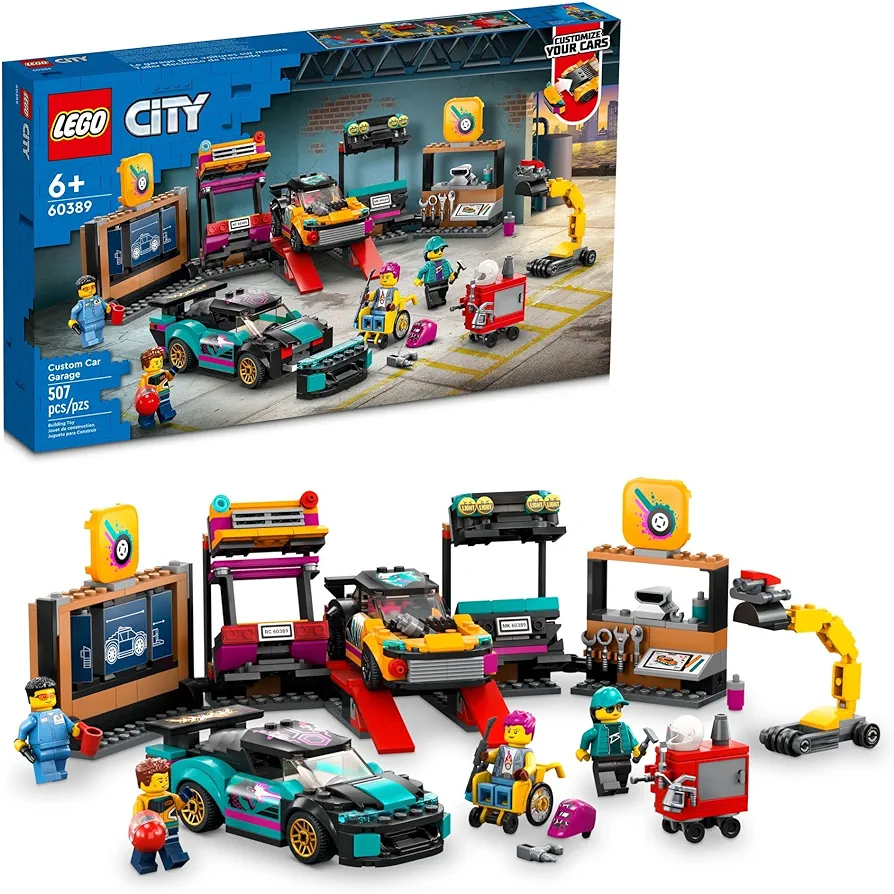 LEGO City Custom Car Garage 60389, Toy Set with 2 Customizable Cars, Mechanic Workshop and 4 Minifigures, Birthday Gift Idea for Boys and Girls Ages 6 Plus Years Old