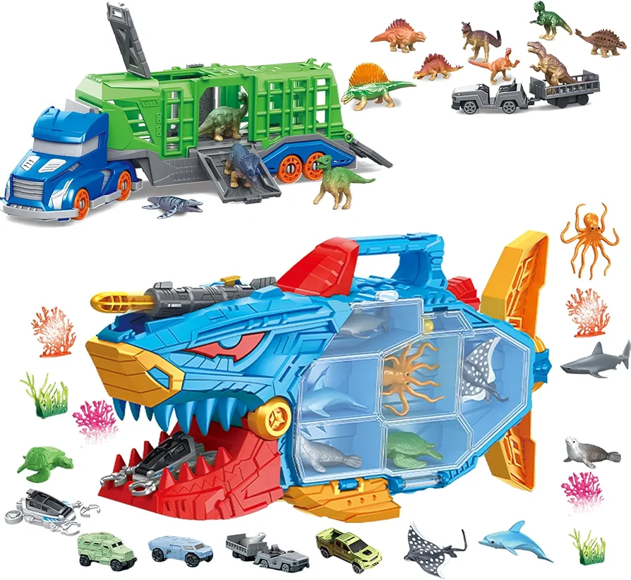 Deep Sea Creatures Toy Ocean Animals Toys with Truck Toys Cars, Dinosaur Carrier Transport Truck Set with 12 Dinosaur Figures