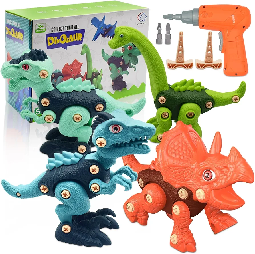 Kids Building Dinosaur Toys for 3 4 5 6 7 8 Year Old Boys,4 Packs Kids Take Apart STEM Construction Building Kids Toys with Electric Drill Party Birthday Gifts for Toddlers