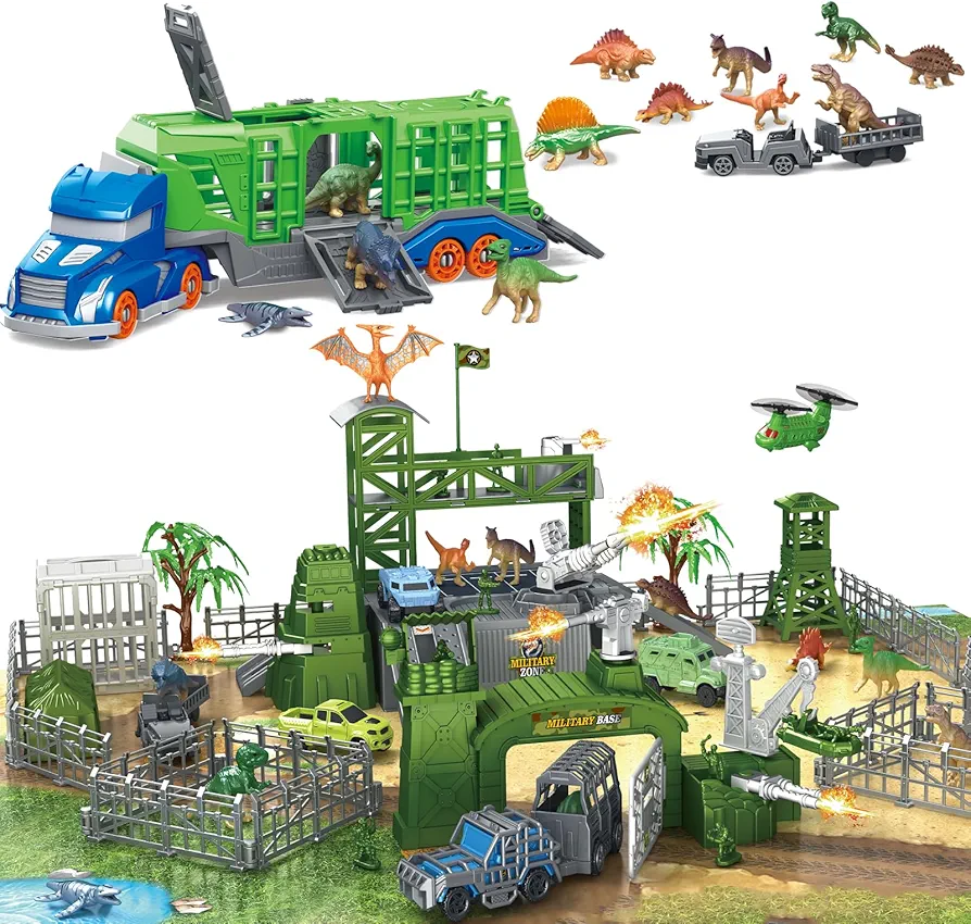 Army Men Toys and Dinosaur Toys, Large Battle Playset Set, Dinosaur Carrier Transport Truck Set Gifts Toys for 3 Year Old Boys and Girls, Birthday, Party