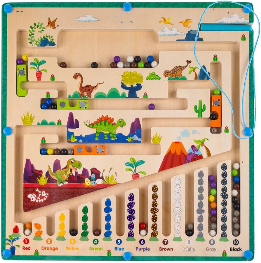 Magnetic Maze Wooden Board with Magnetic Pen and Ball for Children's Color Cognition and Preschool Math Counting for 3 4 5 6 Years Kids(Dinosaur Age)