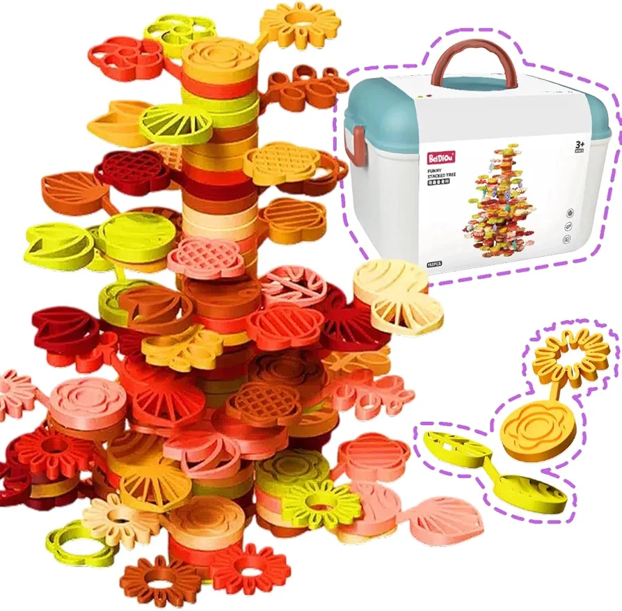 Stack Rainbow flower Tree Plastic Stack Blocks 70/152 PCS for Kids Colorful gardening set Balance game building Toy preschool games Educational Building and Montessori Toys for Toddlers 3+70PCS