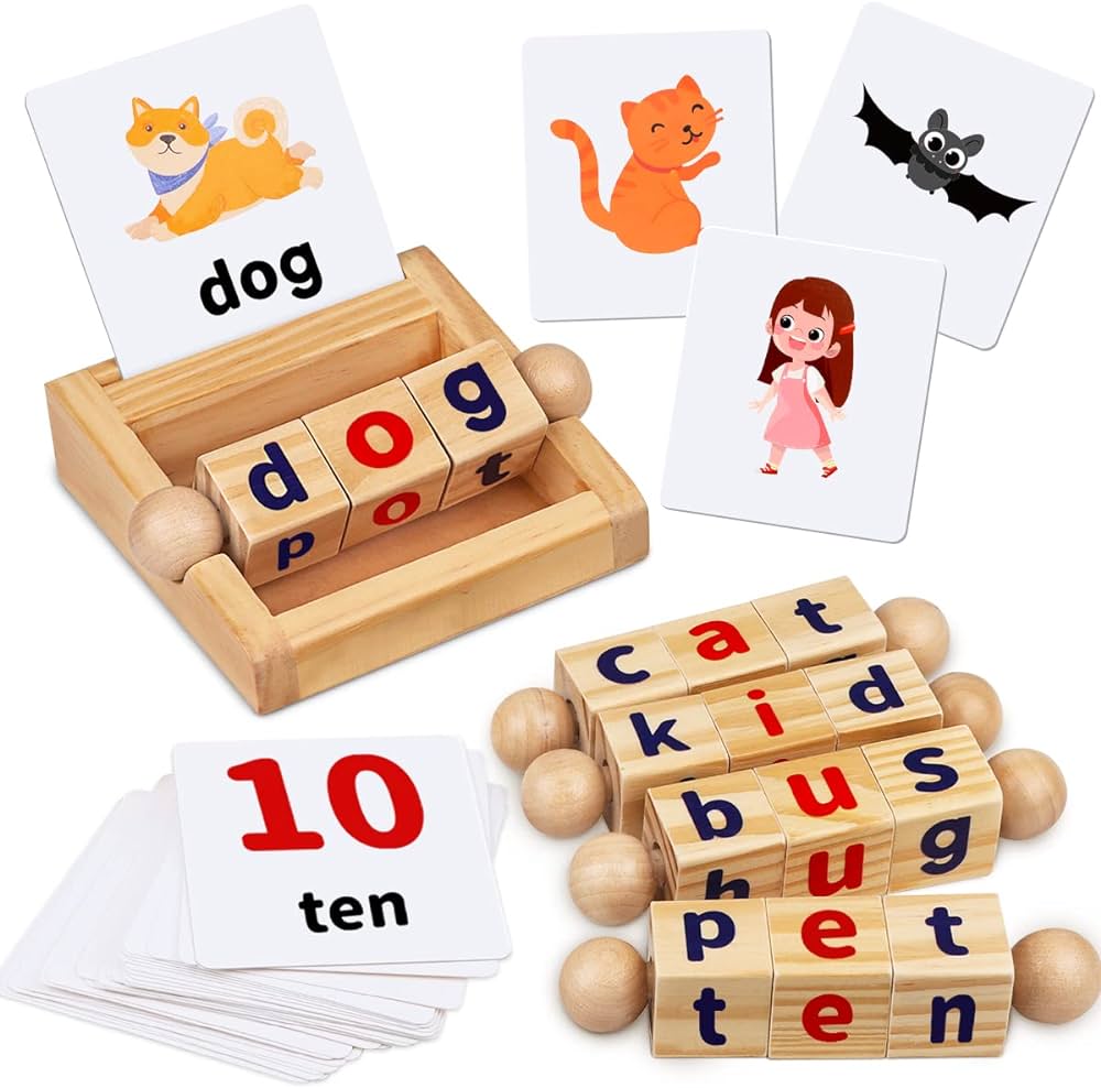 Montessori Toys for Toddlers 2 3 4 Years Old Wooden Reading Blocks Flash Cards Short Vowel Turning Rotating Matching Letters Toy for Kids Educational Alphabet Learning Toys for Preschool Boys Girls