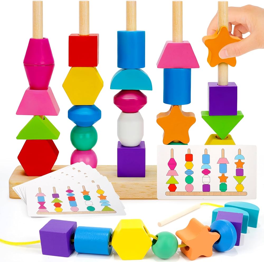 Montessori Toys for 2 3 4 Year Old Kid Boy Girl Toddler, Montessori Wooden Beads Sequencing Toy Set, Lacing Beads & Stacking Block & Matching Shape Stacker, STEM Preschool Learning Toy Birthday Gift