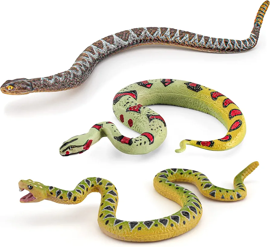 Atralo Service Snake Figures Wild Life Jungle Animal Model Playsets 3 PCS Snakes Figurines Party Favors Toys for Boys Girls Kids Toddlers