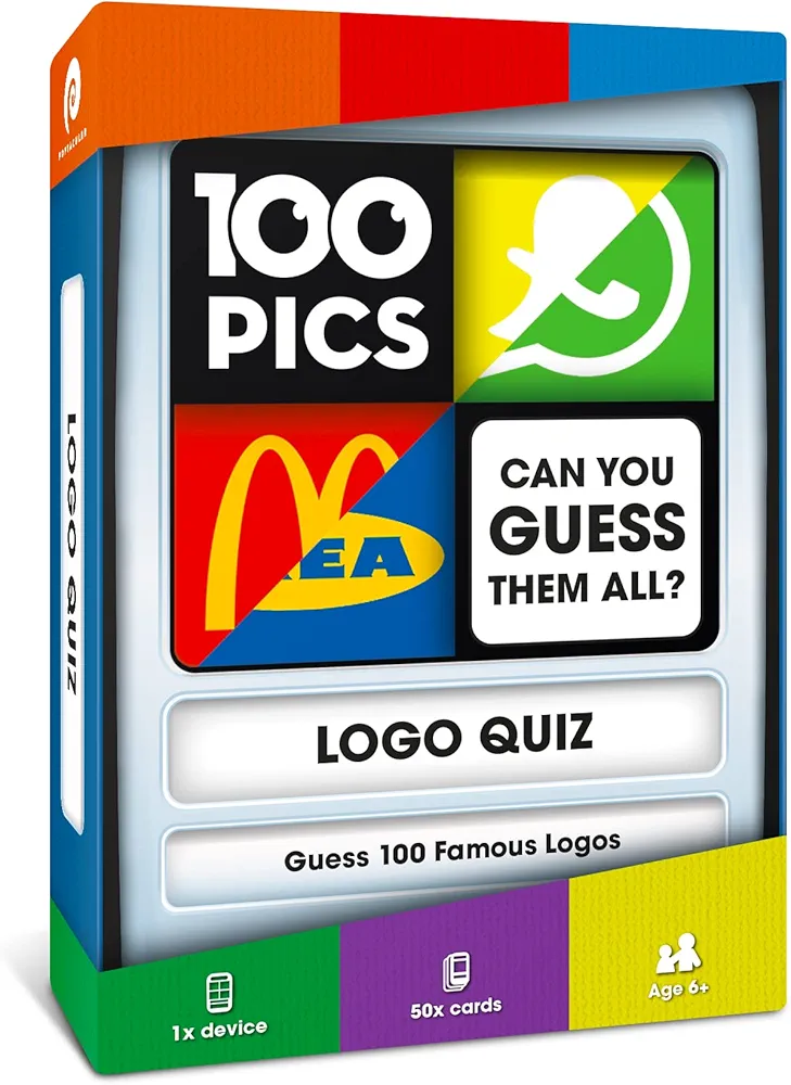 100 PICS Logos Travel Game - Guess 100 Logos | Flash Cards with Slide Reveal Case | Card Game, Gift, Stocking Stuffer | Hours of Fun for Kids and Adults | Ages 6+