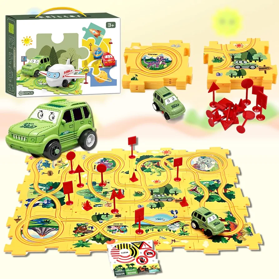 2024 New 25PCS Children's Puzzle Track Car Game Set, DIY Assembly Electric Trolley for Kids (dinosaur)