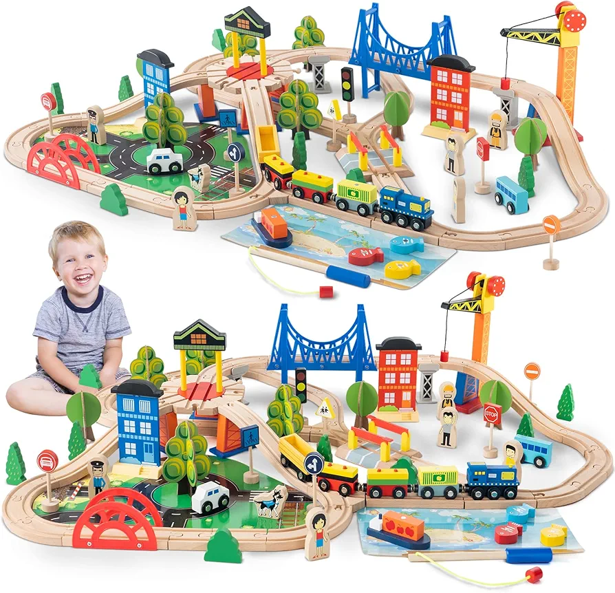 108 Pcs Wooden Train Set, Kids Train Set Toys for Toddlers Boys Girls, Car Train Tracks Railway Toys for Ages 3 4 5 6 7 8 9 10 11 12 Year Old Kids Boy Girl, Kids Christmas Birthday Gifts