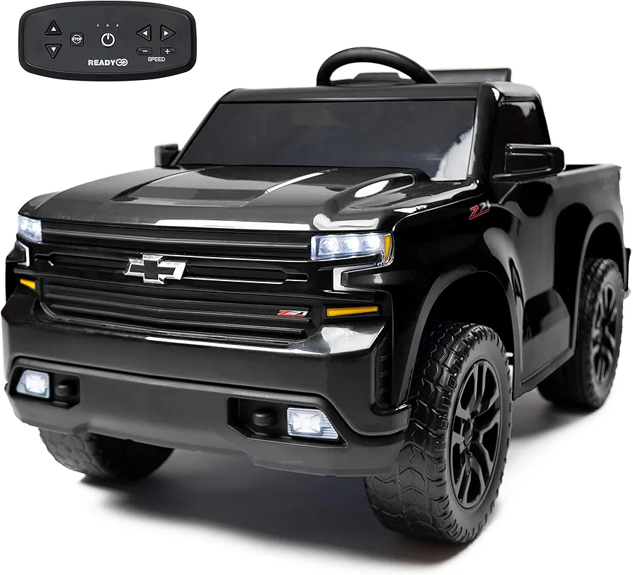 12V Chevy Silverado Ride On Truck with HIGH SPEED MODE (5 MPH) & Parent Remote Control, Kid's Battery Powered Licensed Electric Vehicle, LED lights, Real Tailgate, & Truck Sounds, by ReadyGO - Black