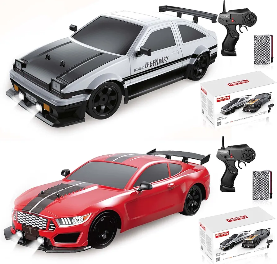 2PCS Remote Control Car RC Drift Car 1/16 Scale 4WD 18KM/H High Speed RC Car 2.4GHz with LED Lights Spray Racing Toy Car for Adults Boys Girls Kids Birthday Rechargeable Batteries