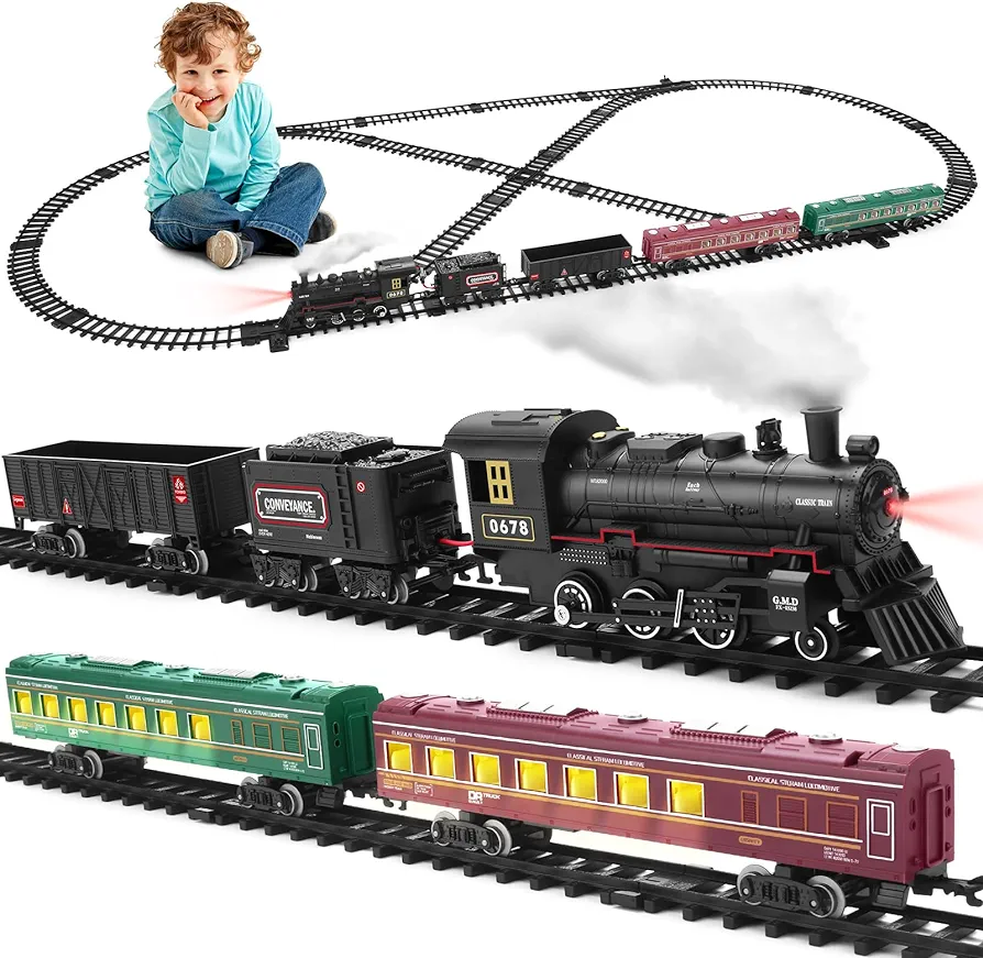 Train Set for Kids, Steam Locomotive Train w/Coal Car,Passenger Coach,Cargo Car & Long Tracks,Electric Train Railway Kits w/Smoke,Lights & Sound,Battery-Powered Train Toys Gift for Boys Girls