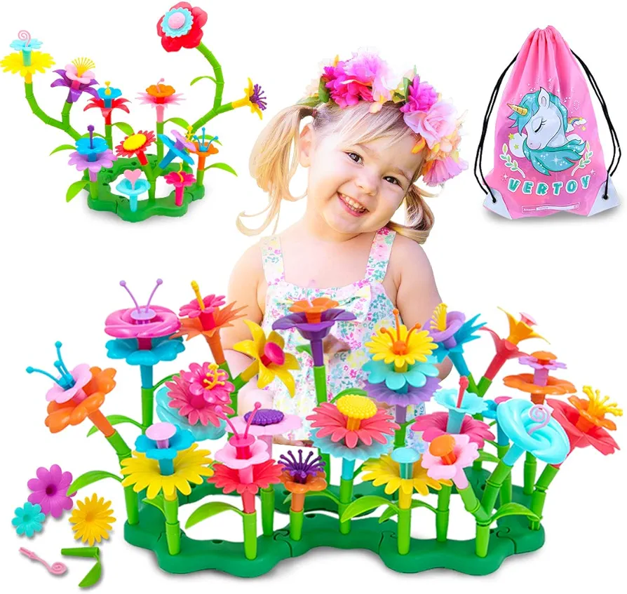 VERTOY Gifts for 3 4 5 6 Year Old Girls, Flower Garden Building Toys Set for Toddlers, STEM Preschool Activities and Gardening Pretend Playset, Stacking Game for Age 3+ Little Kids