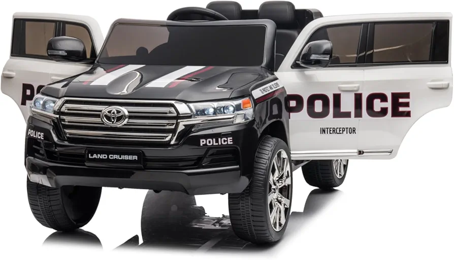 Kids Electric Ride on Police Car, 12V Battery Powered SUV Truck Licensed Toyota Vehicle with Remote Control, LED Lights, Music, Double Open Doors for Boys Girls, Black White