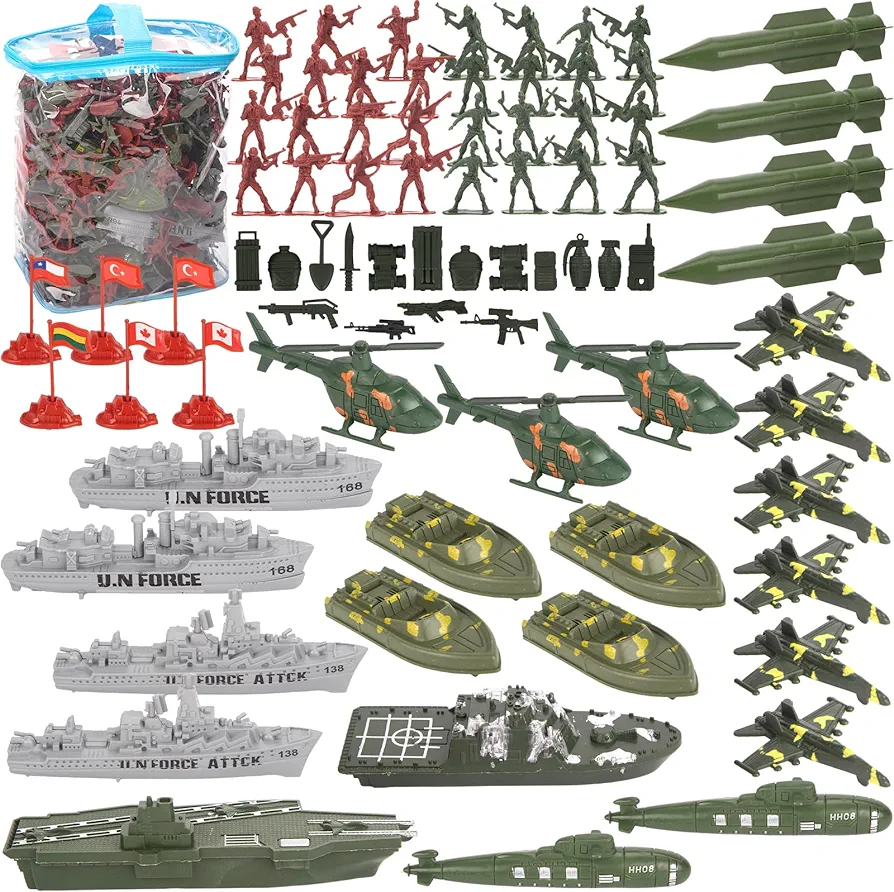 3 otters 360PCS Army Men Military Set, Army Men Toy Soldiers Plastic Military Figures Aircraft Carrier Warships Submarines and Other Accessories for Kids