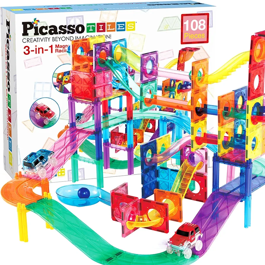 PicassoTiles 108pc 3-in-1 Marble Run Car Race Track Combo Magnetic Tiles PicassoToys Magnet Building Block Educational Construction Toy Playset STEM STEAM Learning Kit Child Brain Development PTG108