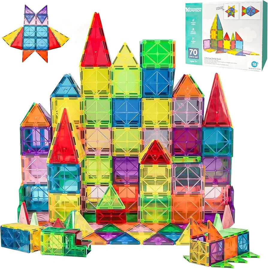 Magnetic Tiles, 70 PCS Magnet Building Tiles for Kids, STEM Educational Preschool Toys Magnetic Building Blocks Toys Set for Boys Girls Ages 3+ Year Old