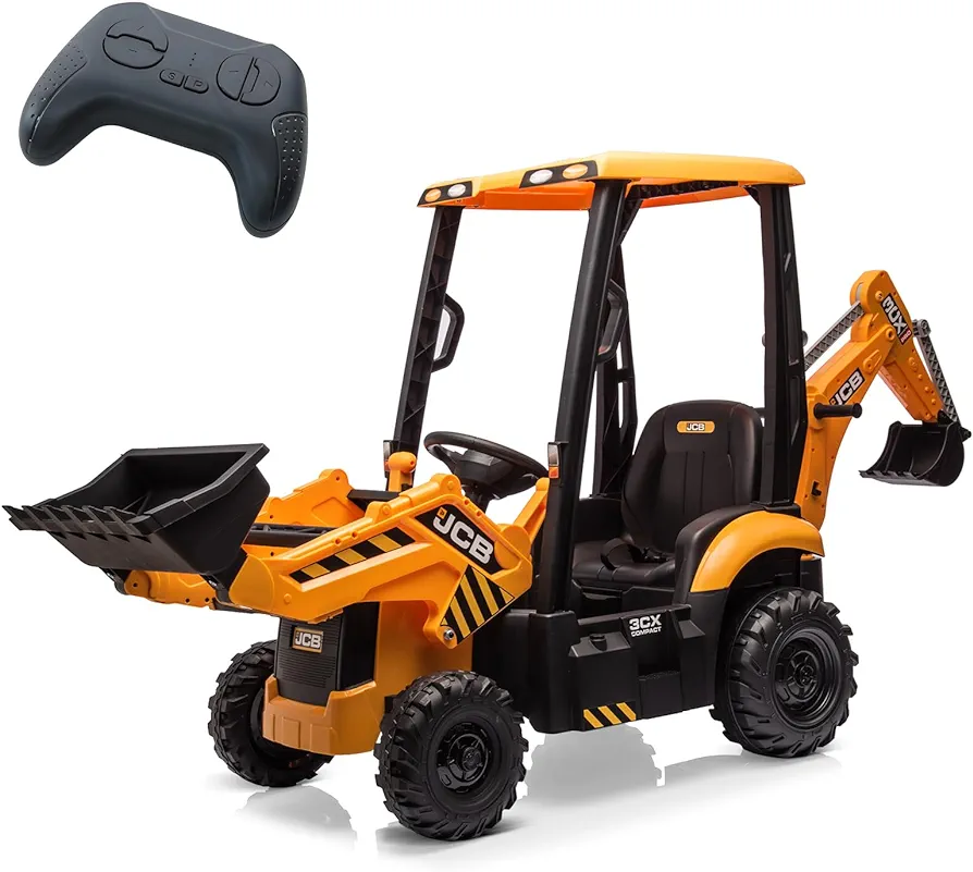 4 in 1 Ride on Excavator & Bulldozer, 12V Kids Electric Vehicle with Remote Control, Front Loader, Digger, Horn, Adjustable Seat, Excavator Ride on Car Toy, Yellow