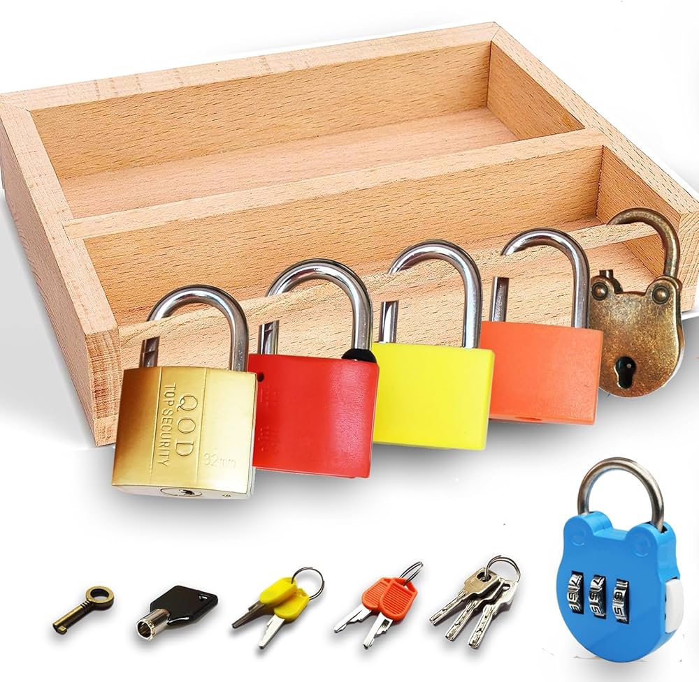 Montessori Lock and Key Toy Set for Toddlers, Montessori Educational STEM Lock Toys Matching Games Lock Set with Wooden Tray for 3 4 5 Year Old Kids