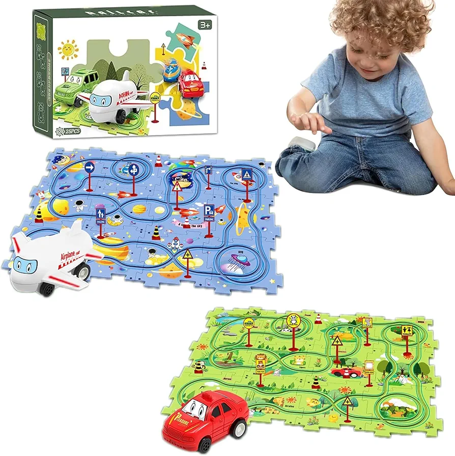 Puzzle Racer Kids Car Track Set, Space Jigsaw Puzzle Racer Car Track Set Puzzle Track Car Play Set Preschool Gifts for Kids Christmas Birthday Gift for Boys Girls