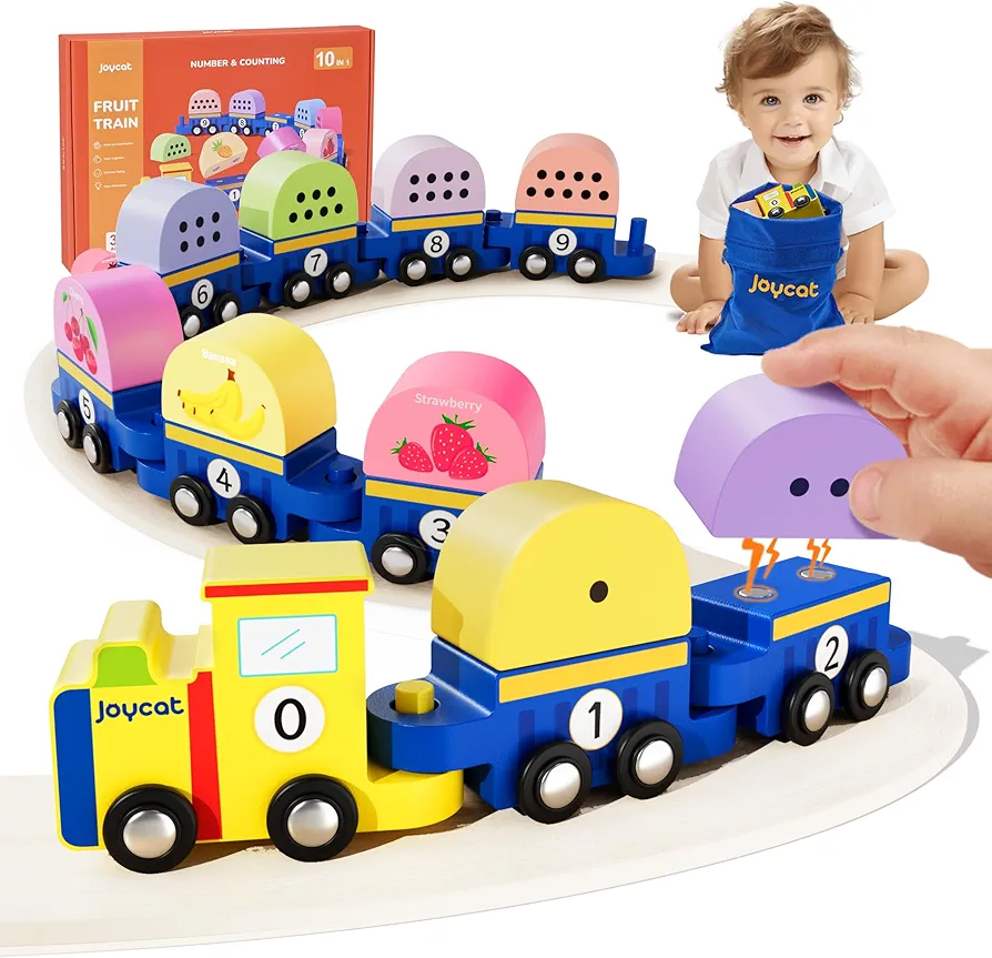 Number Train Set for 3 4 5 6 Years Olds, Learning Toy for Toddlers, Montessori Educational Toy for Boys Girls Kids, Gifts with 10 Pcs Wooden Number and Fruit Trains Car