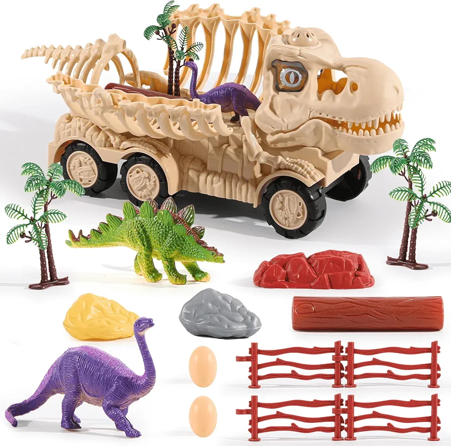 Dinosaur Fossil Skeleton Transport Truck Toy Playset with Lights & Sounds, Bone Carrier Trailer Vehicle Dino Figures Toy, Ideal Birthday Present for 3 Years Old and Up Boys & Girls