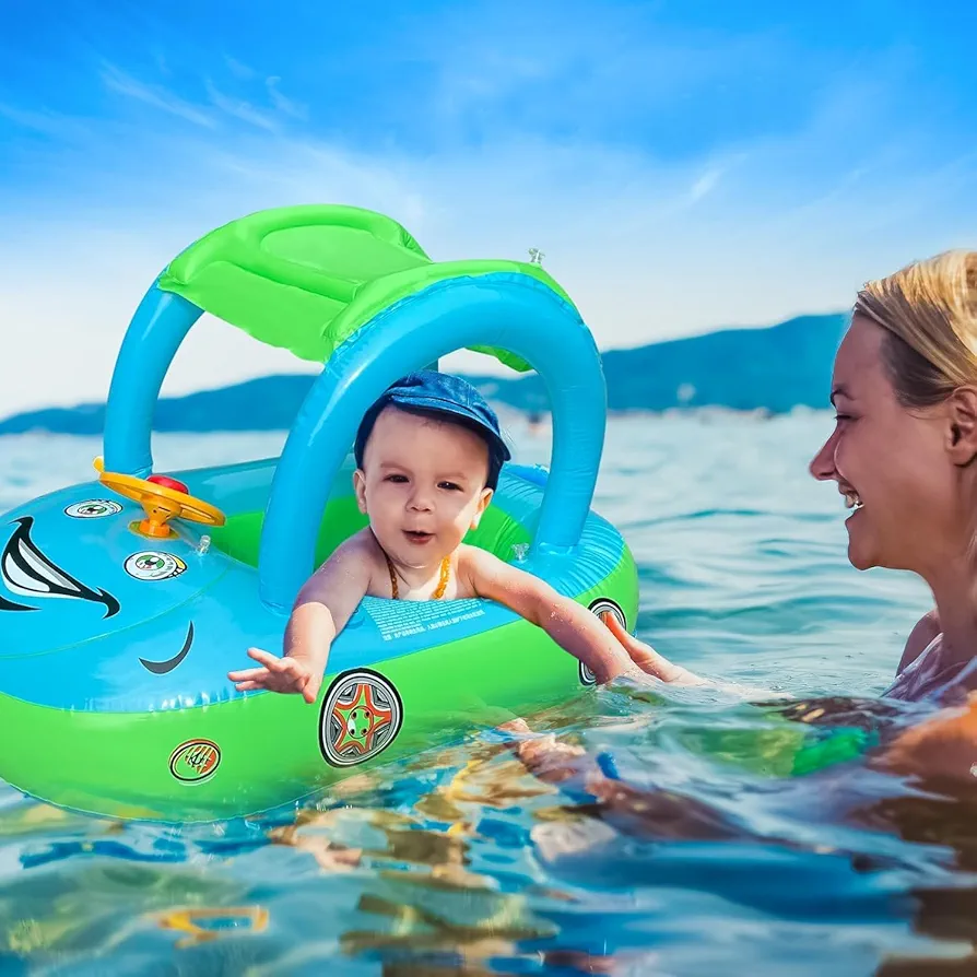 Inflatable Baby Swimming Ring with UPF 50+ Canopy,Safety Seat Car Shaped Pool Float Toys Infants Float Seat for 6-48 Months Infant Kids Toddlers Summer Outdoor Beach Water Toys