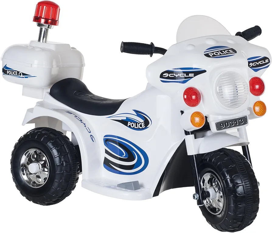 Ride On Motorcycle for Kids – 3-Wheel Battery Powered Motorbike for Kids Ages 3 -6 – Police Decals, Reverse, and Headlights by Lil’ Rider (White)