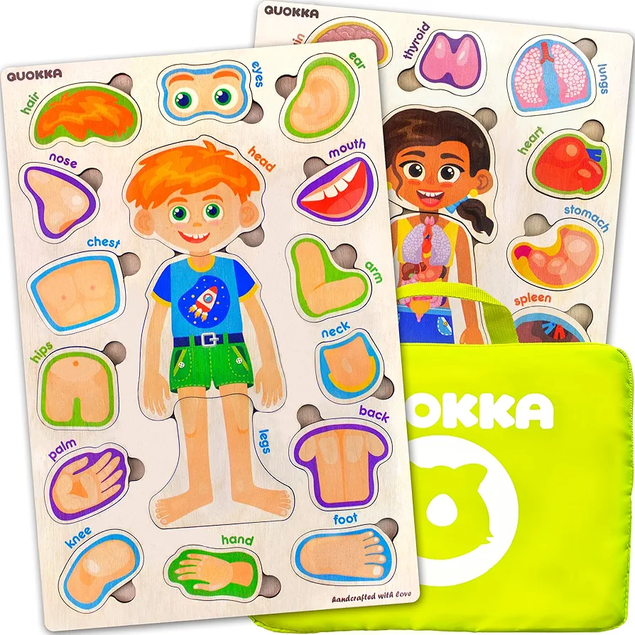 QUOKKA Wooden Puzzles for Kids – Montessori Puzzles for Toddlers 3-5 – Preschool Game Learning Human Body Parts Anatomy Skeleton – Educational Toys for Boy & Girl