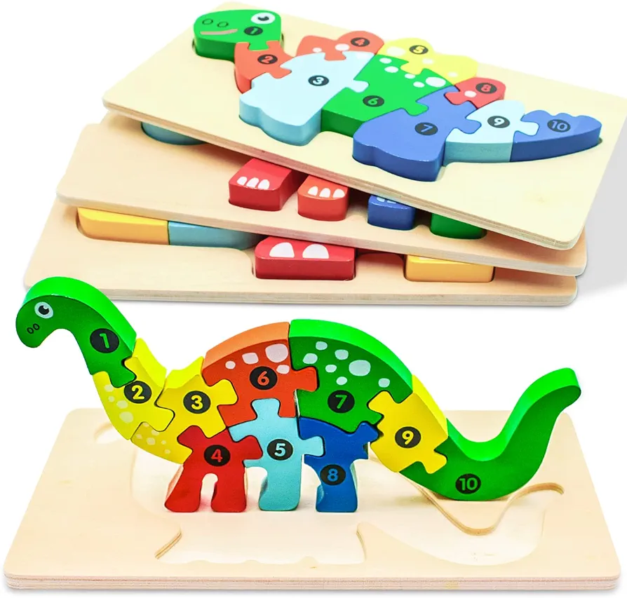 4 Pack Wooden Animal Puzzles for Toddlers 1 2 3 4 Years Old Boys & Girls, Montessori Toys for Kids Ages 1-4 with 4 Animal Patterns, Preschool Educational Toys Bright Vibrant Color Shapes