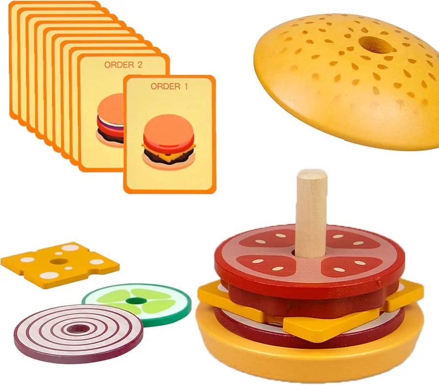 Wooden Burger Stacking Toys, Montessori Toys for Toddlers Fine Motor Skills Toys Educational Learning Toys Play Food Kids Toys for Boys Girls 3 4 5 Years Old (Burger)