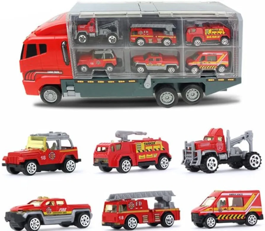 7-in-1 Kids Cargo Truck Car Carrier Fire Truck Vehicle Toy Set with 6 Diecast Cars Including: Ambulance, Tanker, Pickup, Jeep, Tow Truck, and Ladder Truck for Ages 3+ (Red)