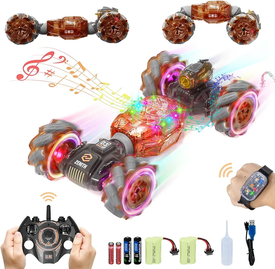 28℃ Remote Control Car, Gesture Sensing RC Stunt Cars Toys for Boys Age 6 7 8 9 10 11 12 Year Old, 2.4GHz 4WD Double Sided 360° Flips Vehicle Car with Lights Music, for Kids Orange