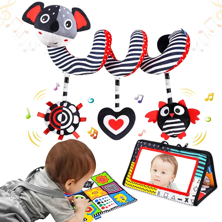 High Contrast Baby Toys for Newborn,3 Pack Tummy Time Toys for Babies 3-12 Month,White and Black Car Seat Toys & Spiral Stroller Toys/Infant Tummy Time Mirror/Crinkle Sensory Toys