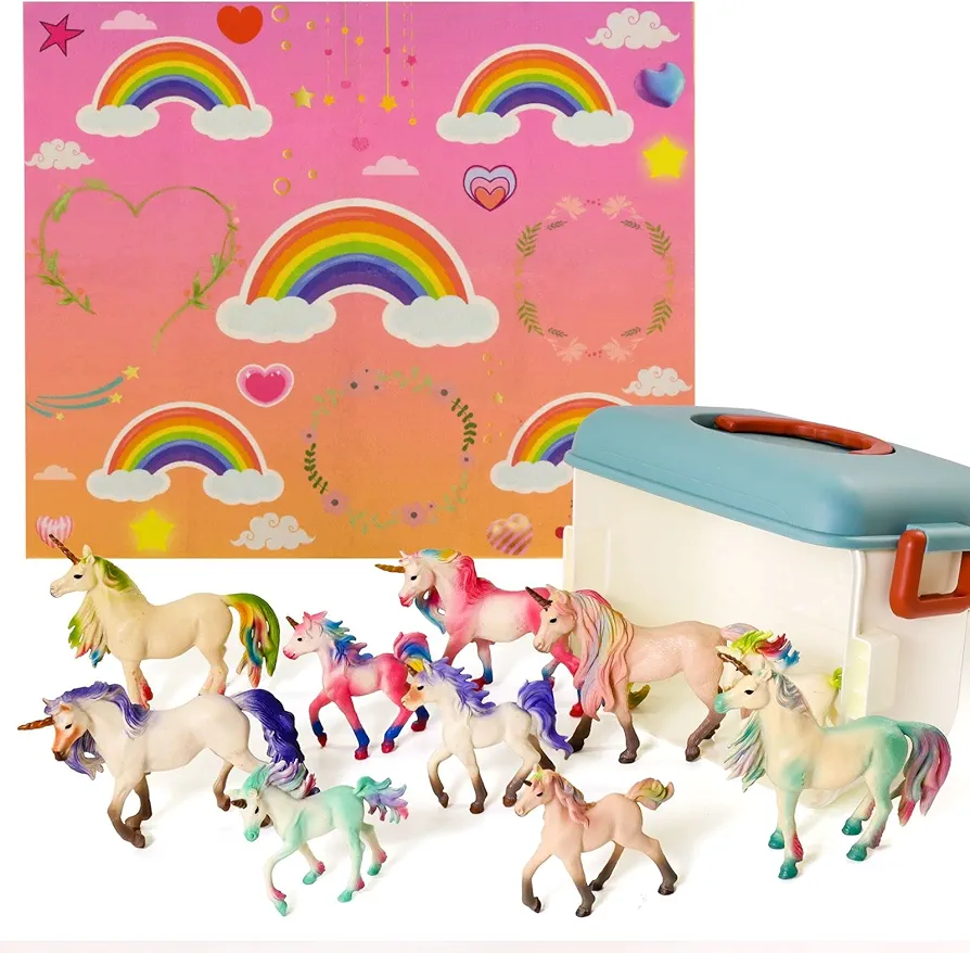 Unicorn Realistic Figures Play Set Playmat & Storage Box, Non-Toxic Hand Painted Collectible Toys (Unicorn, 10 Unicorns)