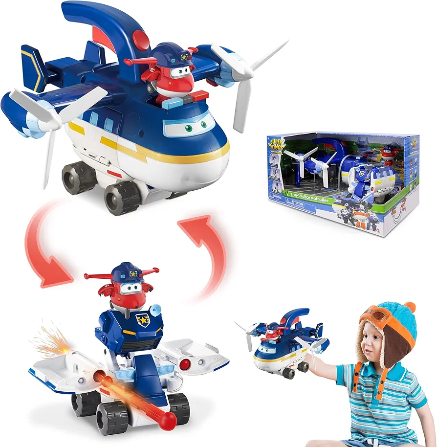 Super Wings EU740834 2-in-1 Police Patroller Vehicle Paul and Jett Transformers Toys for 3+ Year Old Boy Girl, Blue, Standard Size