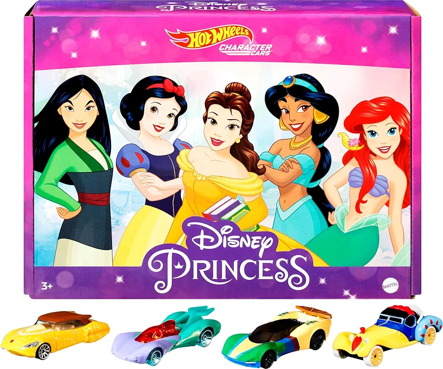 Hot Wheels Mattel Disney Princess Toy Cars 5-Pack, Set of 5 Character Vehicles in 1:64 Scale: Mulan, Snow White, Belle, Jasmine & Ariel