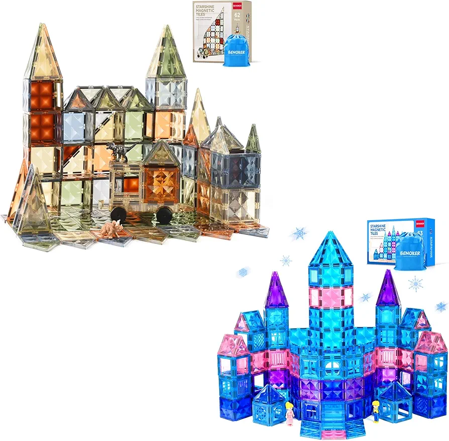 63pcs+62pcs 3D Magnetic Tiles, STEM Learning and Encourage Imaginative Play Magnetic Blocks, Preschool Puzzle Magnetic Toys with Dinosaur, Gift for Boys and Girls 3 4 5 6 7 8 Years+