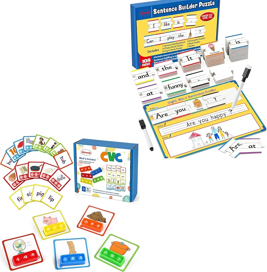 CVC Word Game,Sentence Building Phonics Games Flash Cards for Preschool Kindergarten Classroom Supplies,Special Education Reading Manipulative Spelling Speech Therapy for Learning Activity Teac