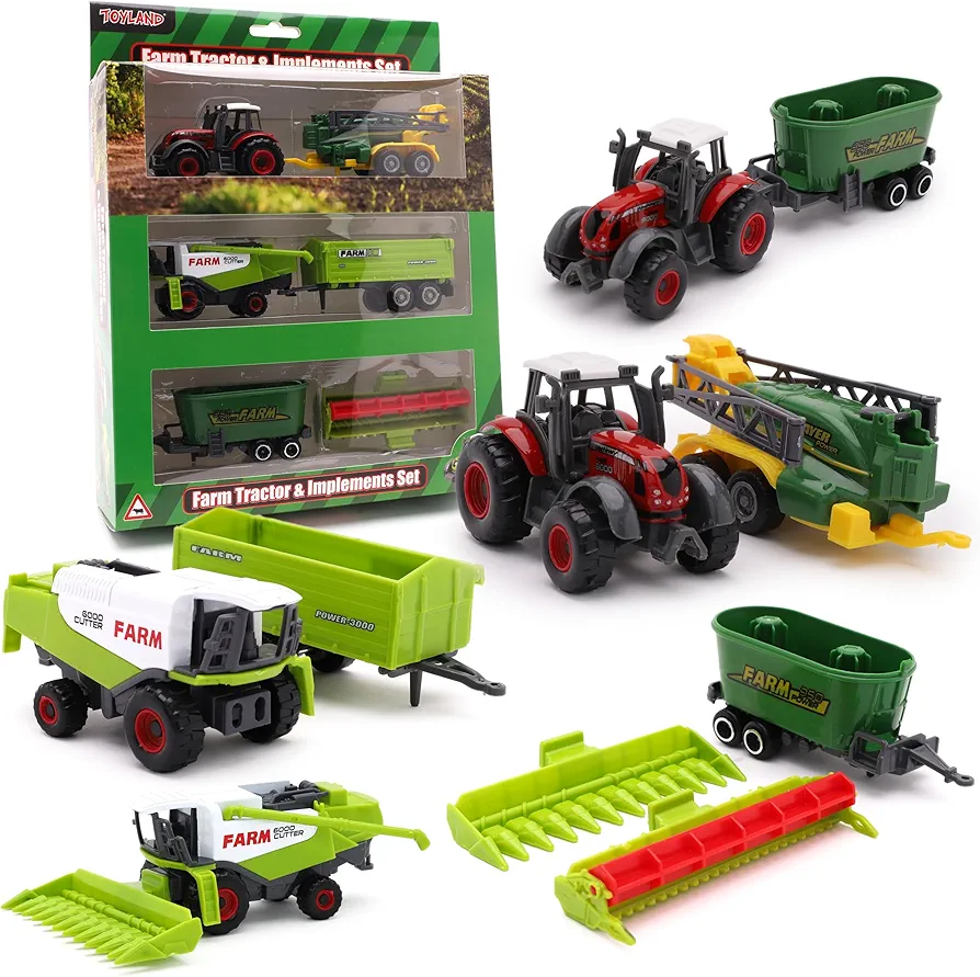 Toyland® Pack of 6 Die Cast Metal Farm Tractor & Implements Set - Approx. 5cm - 4 Assorted - Collect Them All