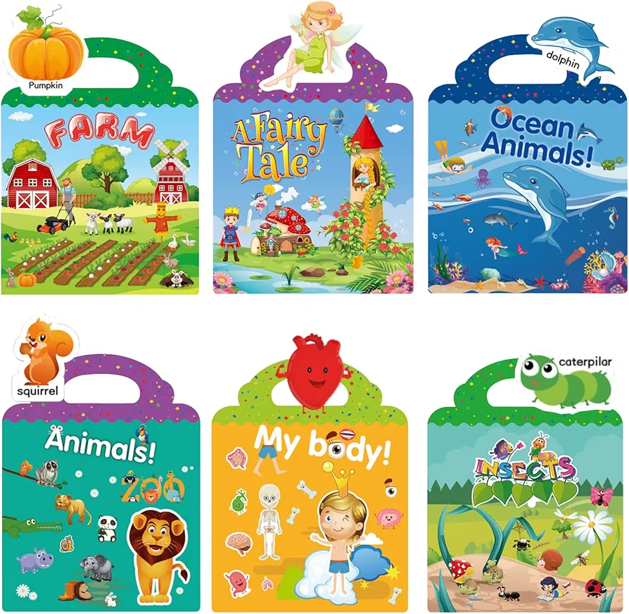 6 Set Reusable Sticker Books for Toddlers, Window Clings for Toddlers, Static Sticker Book Princess, Animal, Ocean Animal, Fram, Insect, Body Stickers for Girls Boys Preschool Learning Toys