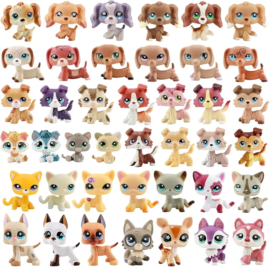 Rare Pet Shop Random 1pcs Toys and 7pcs Accessories, Mini Shorthair Cat Collie Dachshund Dog Dachshund Great Dane Cocker Spaniel Puppy Dog Collectible Imagination Figure Toys for Kids