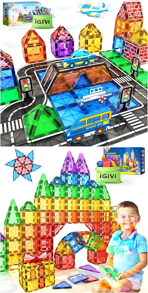 Kids Toys Magnetic Tiles - Road Set with Car Toys for 3+ Year Old Boys & Girls,STEM Building Blocks Toys & Games, Sensory Toys for Toddlers, 3 4 5 6 7 8 Year Old Boy Birthday Gift