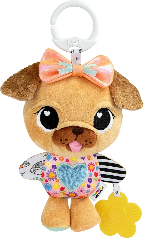 LAMAZE Lovey The Pug Clip On Toy - Baby Sensory Toys for Stroller or Car - Developmental Stroller and Car Seat Toys - includes Clip for On-The-Go Stroller or Car Seat Play - Ages 0 Months and Up