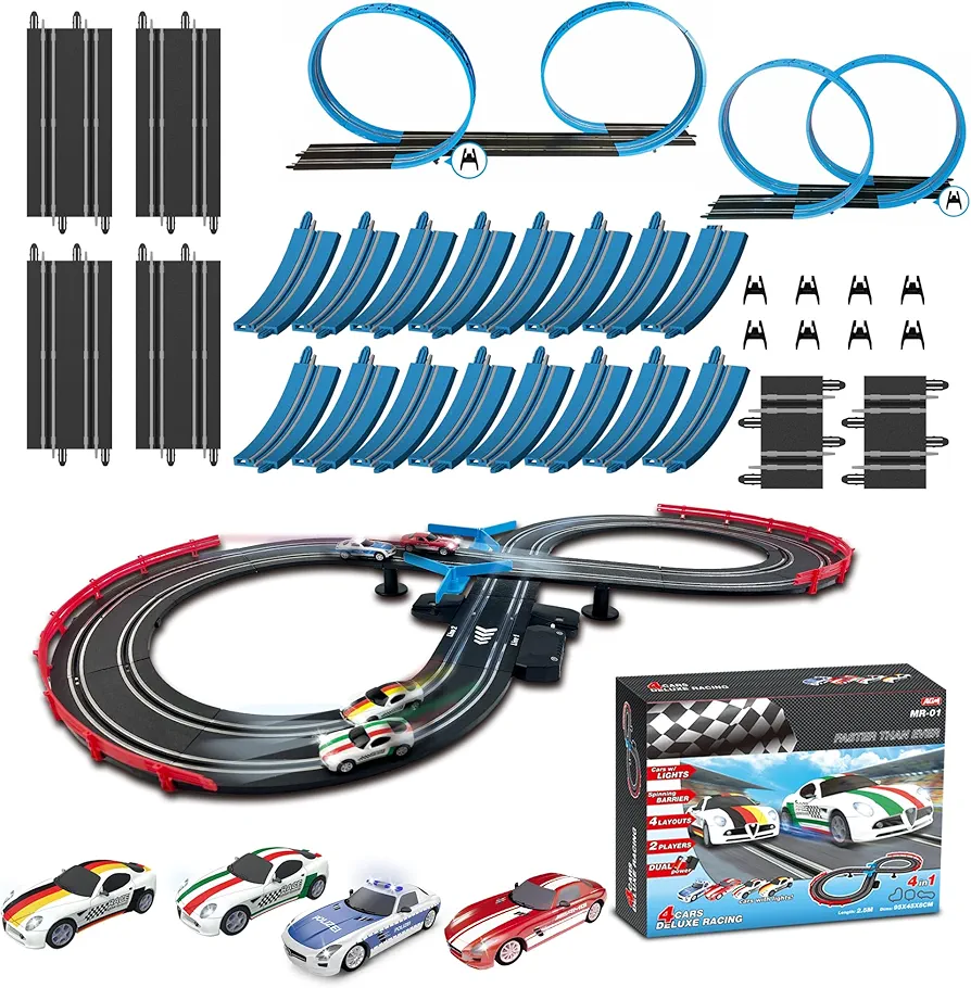 AGM MASTECH Deluxe Slot Car Race Track Set with 4 Exquisite Slot Cars, Battery or Electric Car Track, 2 Controllers, Lap Counter, and Bonus Accessory Pack - Gift Toys for Boys and Girls Age 4-12