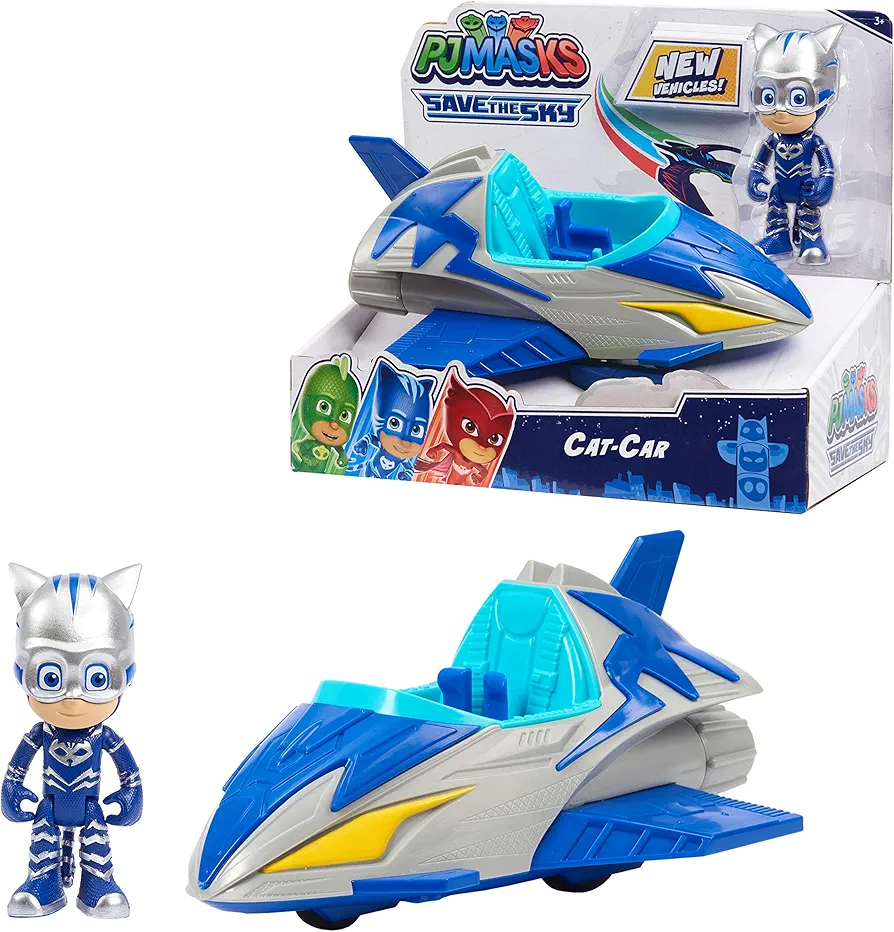 PJ Masks Save the Sky Cat-Car, Cat-Boy Figure and Vehicle, Blue, Kids Toys for Ages 3 Up by Just Play