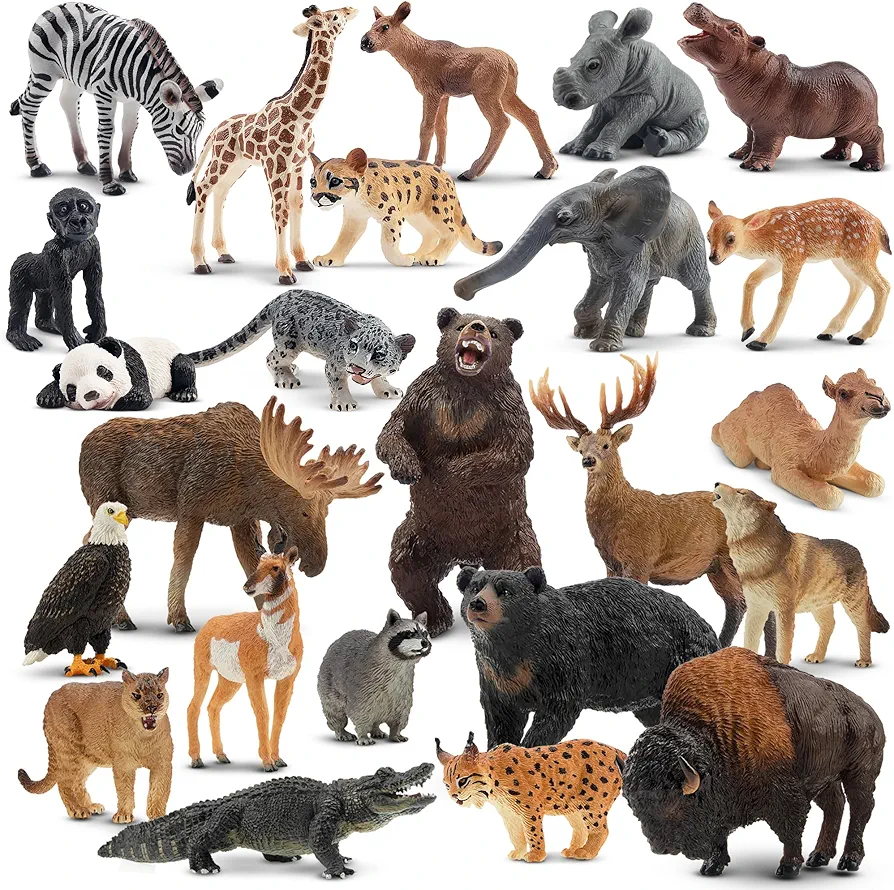 Toymany 24PCS Forest Animal Figurines, Realistic North American Forest Animals and Baby Jungle Animals Includes Lynx, Wolf, Bear, Eagle, Elephant Cub and Baby Sika Deer, Birthday Gift for Kids