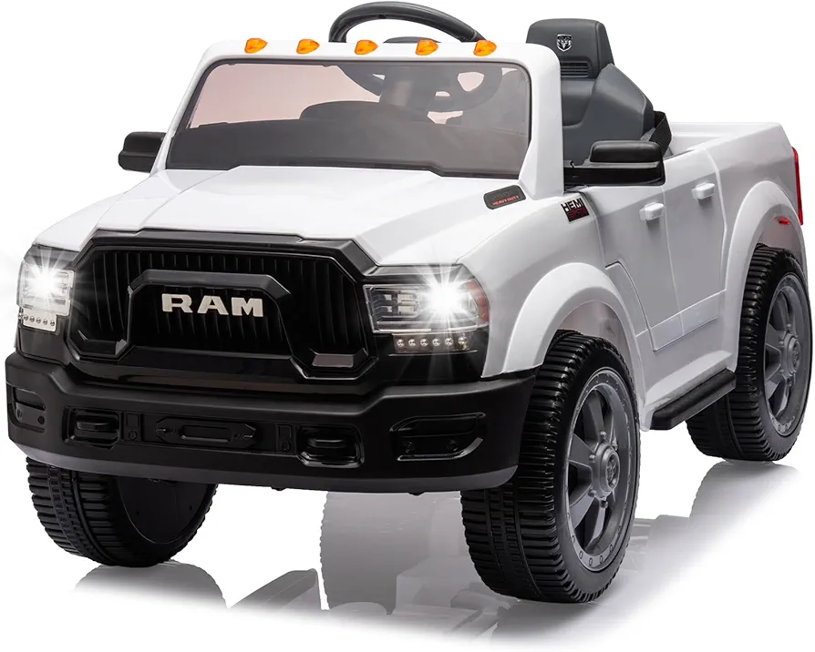 12V Ride On Pickup Truck,Licensed Dodge RAM 2500 Electric Toddler Car with Remote,LED Lights,Music System/USB/MP3/Bluetooth and Five-Point Safety Harness - Perfect for Kids Aged 3-8 Years (White)