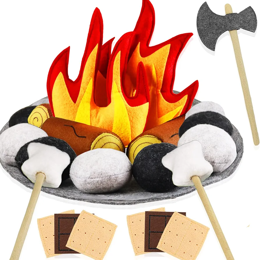 23 PCS Pretend Campfire Toys, Kids Plush Felt Play Campfire Playset Safe Fake Fire Wood Stones Toys Pretend Camping Play Set for Kids Toddlers Age 3-5