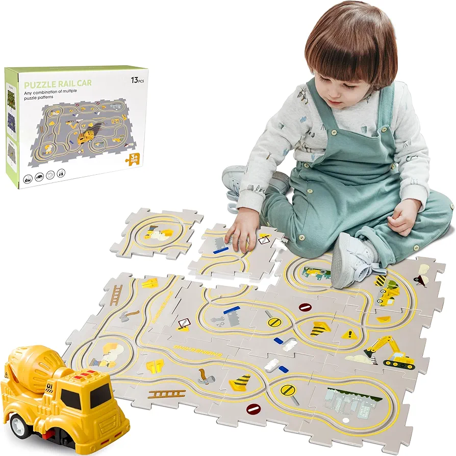 DIY Puzzle Tracks with Vehicles,Puzzle Car Track Play Set for Toddlers Rail Car Building Toys Gifts for 3+ Years Kids Educational Montessori Puzzle Track Car Toy Set (Engineer)