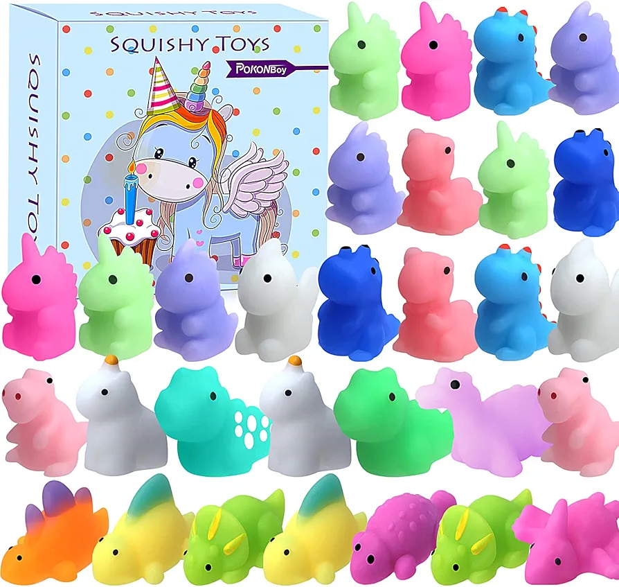 POKONBOY 30pcs Squishies Mochi Squishy Toys, Mini Dinosaur Unicorn Squishy Stress Relief Toys Party Favors for Kids Classroom Prizes Easter Basket Stuffers for Boys and Girls Age 3+